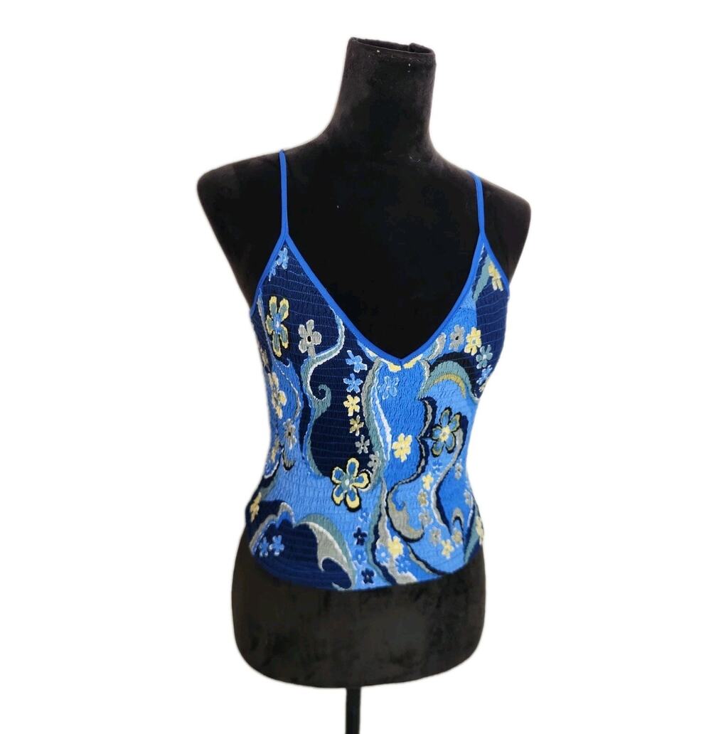 Far Away Y2K Blue Floral Smocked Tank Top Crossback Stretch Fairycore M